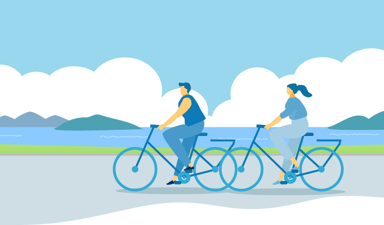 湖のほとりをサイクリングする男女のイラスト